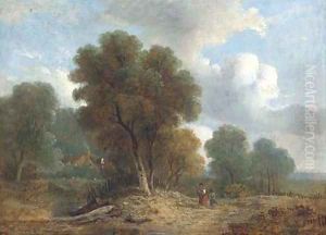 Figures on a wooded track, a cottage beyond by Samuel David Colkett