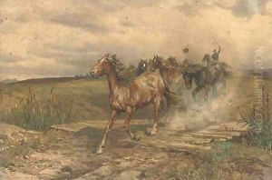 A buttero rounding up horses in the Roman campagna by Enrico Coleman