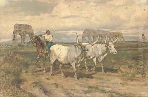 A buttero with his buffalo in the Roman campagna by Enrico Coleman