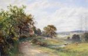 Sheep On A Country Lane, A River Valley Beyond