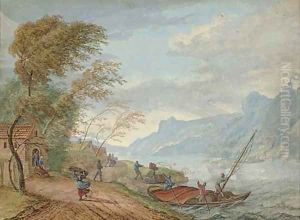 A river landscape in a storm with peasants on a track and boatmen steering a ferry by Louis Chalon
