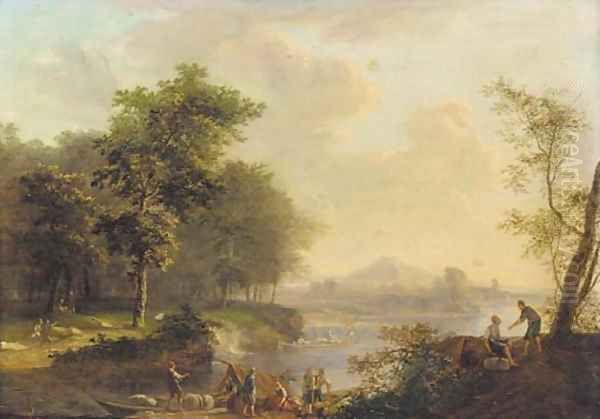 A Rhenish river landscape with peasants loading a barge - view 1