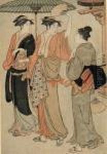 Trois Jeunes Femmes Sous Un Parasol by Torii Kiyonaga