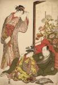 A Charming Scene Of The Actor 
Ichikawa Monnosuke Ii Lying Against A Bed In Front Of A Standing Screen 
Decorated With Chrysanthemums, He Has One Hand On The Shoulder Of A