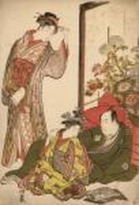 A Charming Scene Of The Actor
Ichikawa Monnosuke Ii Lying Against A Bed In Front Of A Standing Screen
Decorated With Chrysanthemums, He Has One Hand On The Shoulder Of A
Kamuro Seated In Front Of Him While She Clasps His Hand With One Of
Hers, An by Torii Kiyonaga