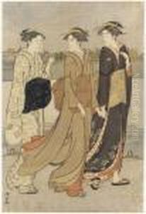 Four Prints, The Right Sheet Of
The Polyptych, Summer Evening Bythe River At Hamacho, Signed Kiyonaga
Ga; The Second The Rightsheet Of A Triptych Shoshun No Echigoya (early
Spring At Theechigoya), Signed Kiyonaga Ga; The Third A Man, Courtesan
And by Torii Kiyonaga
