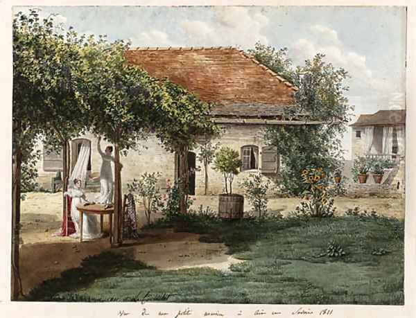The garden of a small country house near Aix-les-Bains, with two ladies at a table under a pergola, one reaching for grapes - view 1