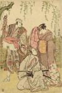 Three Actors In A Scene Under A Willow Tree