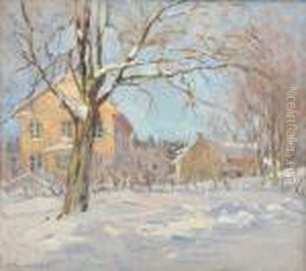'bergslagsgard Vinter'. Signerad Och Betecknad Hogfors. Duk, 53x60 - view 1