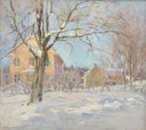 'bergslagsgard Vinter'. Signerad Och Betecknad Hogfors. Duk, 53x60