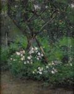 Tradgard Med Appeltrad Och Blommande Rosor by Esther Kjerner