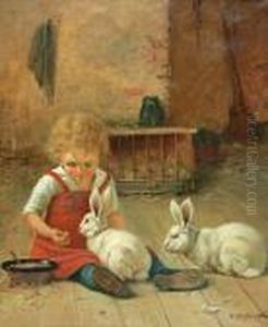 Madchen Mit Zwei Hasen (girl Playing With Tworabbits) by Theodor Kleehaas