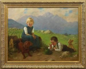 Spielendes Kinderpaar Mit Dackel Auf Der Sommerlichen Alm