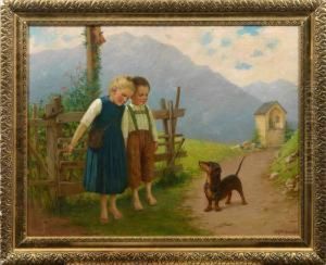 Kinderpaar Mit Dackel In Den Hochalpen