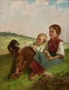 Geschwisterpaar Mit Dackel Auf Der
 Wiese.