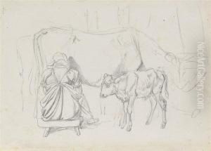 A Woman Milking A Cow by Johan Adam Klein
