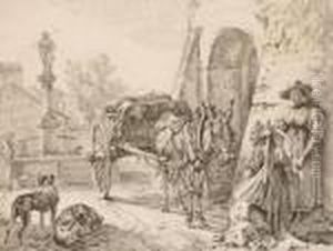 Vier Radierungen Mit Reiseszenen, Kutschen Und Reitern by Johann Adam Klein