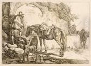 Reiter Mit Pferd Am Brunnen by Johann Adam Klein