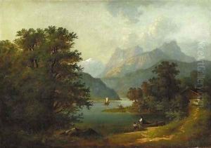 Figures by a Cabin in a Mountainous River Landscape