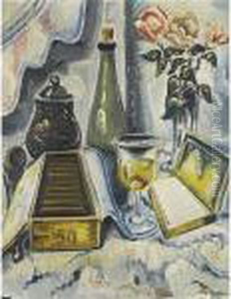 Still Life With Cigars, Wine And Flowers On A Table - view 1