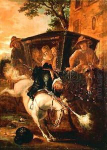 With a Musket on his Back, Ragotin Climbs onto his Horse to Accompany the Troupe, from Roman Comique by Jean de Coulom