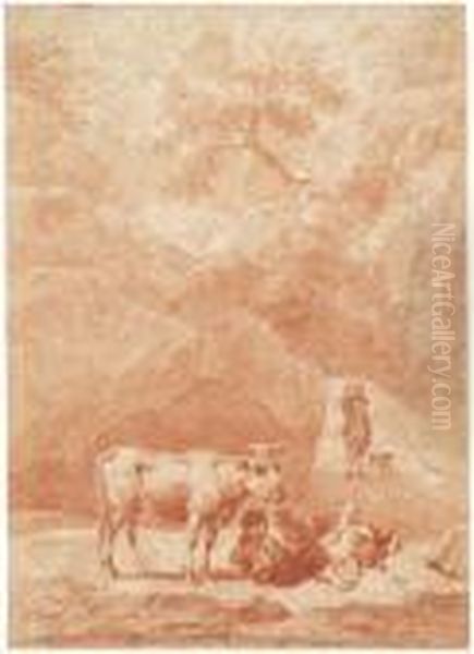 Rastender Hirte; Rastender Hirte Neben Einem Rind - view 1
