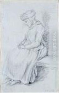 Lavierte Feder In Sepia Auf Butten, Auf Blauen Untersatzkarton Montiert. by Johann Christian Klengel