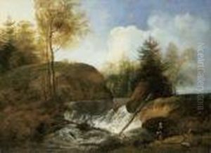 Landschaft Mit Wasserfall, Hirtin Und Herde. by Johann Christian Klengel