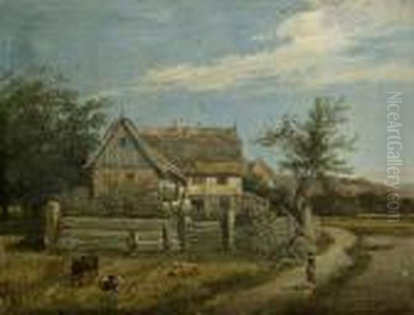 "bauernhof Im Sommer" Mit Vieh-und Personenstaffage
 Ol/holz, Signiert, Datiert: 1790, Am Rand Partiell - view 1