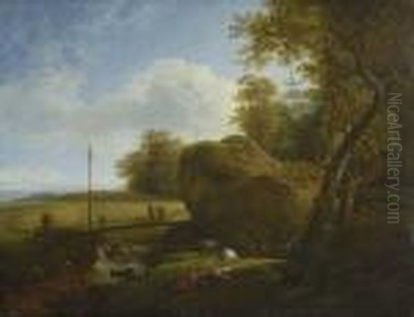 Ruhende Hirtin Mit Ziegen Und
 Schaf Am Waldbach. - view 1