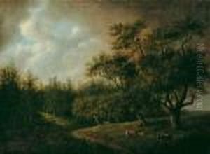 Waldige Landschaft Mit Hirtenjungen Und Herde.