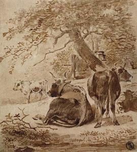 Landscape With Three Cows And Two Sheep Under A Tree<</b> by Johann Christian Klengel
