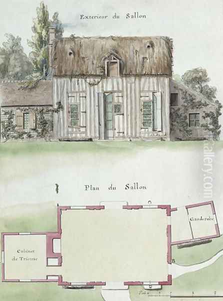 Exterior and floor plan of the living room of the Chateau de Chantilly, f.16 from the 'Atlas du Comte du Nord', 1784 - view 1