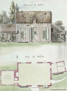 Exterior and floor plan of the living room of the Chateau de Chantilly, f.16 from the 'Atlas du Comte du Nord', 1784 by Chambe