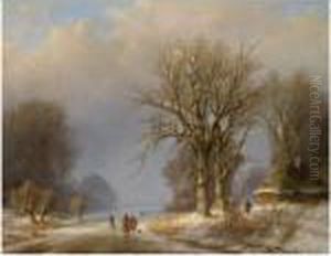 Figures On A Frozen Waterway by Johann Bernard Klombeck