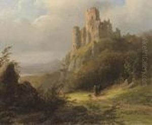 Travellers On A Sunlit Path By A Ruin