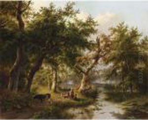 Figures And Cattle In A Sunlit Wooded Landscape by Johann Bernard Klombeck