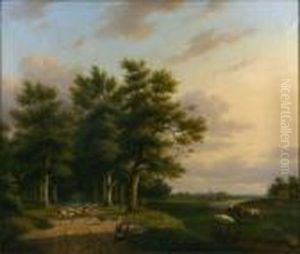 [paysage Avec Vaches, Moutons Et
 Village Dans Le Lointain.] Huile Sur Toile, Signee En Bas A Droite