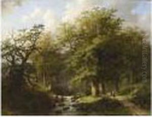 Travellers In A Wooded Landscape By A Stream by Johann Bernard Klombeck