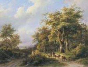 Travellers Resting On A Forest Path In A Wooded Valley by Johann Bernard Klombeck