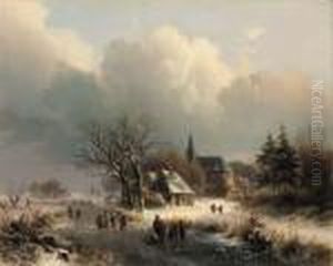 Figures On A Frozen River In Winter by Johann Bernard Klombeck