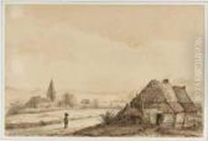A Farm Overlooking A Hilly Landscape, A Church Nearby