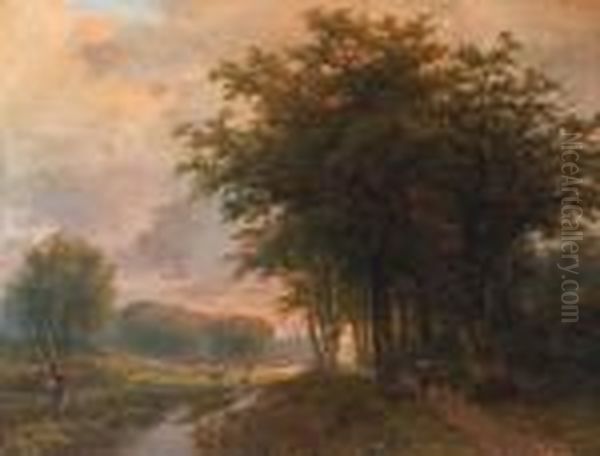 A Wooded River Valley With Peasants On A Path, Cattle In A Meadowbeyond - view 1