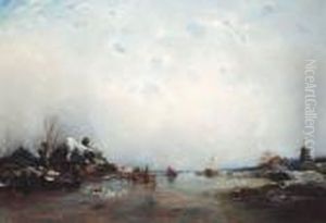 A Winter Landscape With Figures In Sledges On A Frozen River