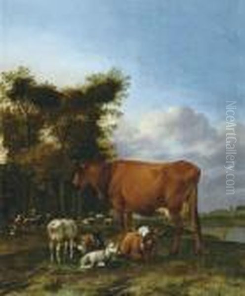 Bergers Et Troupeau Reposant Au Bord De L'eau - view 1