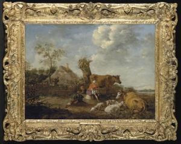 A Pastoral Landscape With A Milkmaid Milking Beside A Cottage - view 1