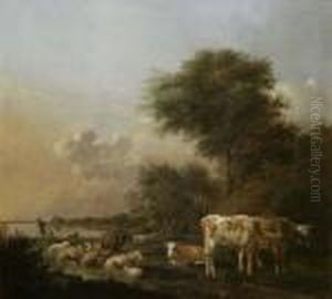 Weidevieh Und Angler In Romantischer Landschaft by Albert-Jansz. Klomp