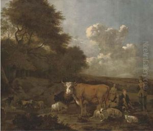 An Extensive Wooded Landscape With Herdsmen On A Track