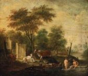 Herdsmen Bathing In A Stream With Cattle Grazing On A Banknearby by Albert-Jansz. Klomp