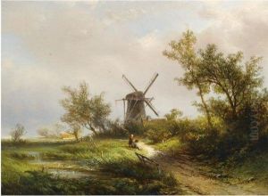 Figures Resting Near A Mill by Pieter Lodewijk Francisco Kluyver